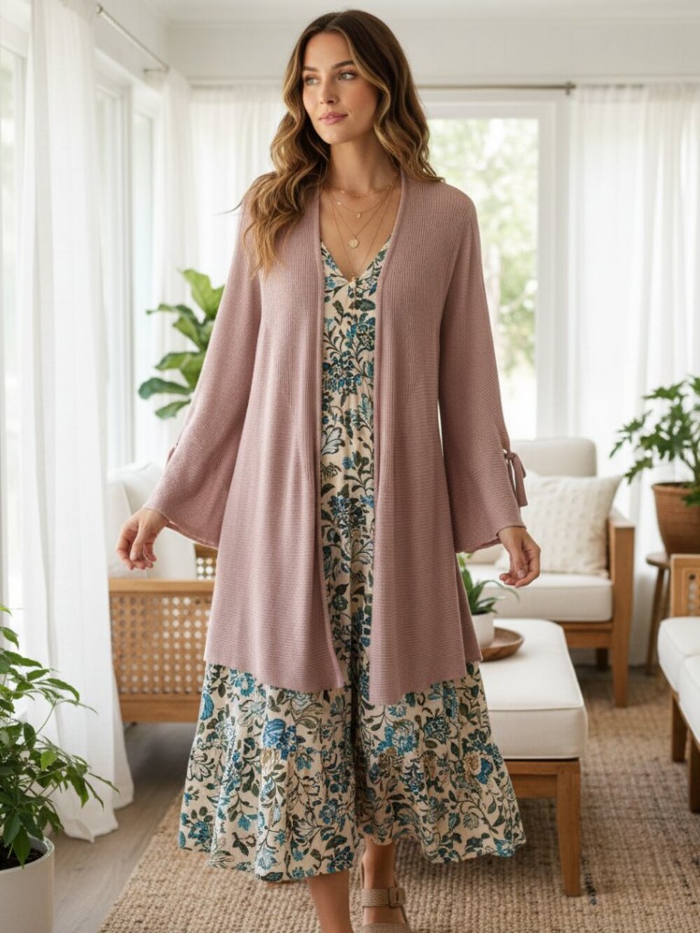 Cato L Cardigan Sweater Pink Tie Sleeve Ribbed Open Longline Wrap Romantic Boho